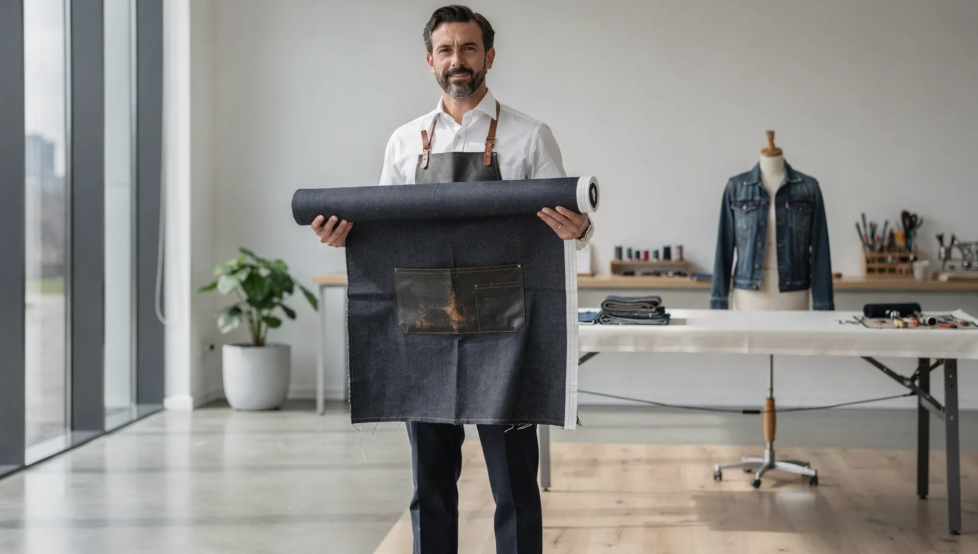 Professional tailor in a modern minimalist atelier holding raw selvedge denim fabric