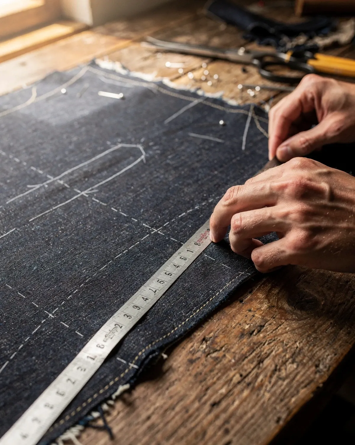 Craftsman's hands carefully measuring denim pattern on wooden table