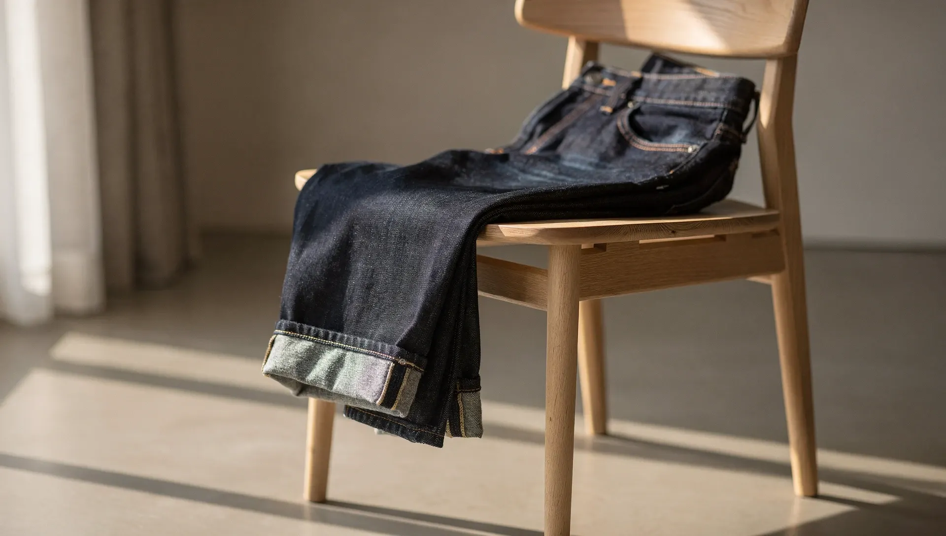 Premium selvedge denim jeans elegantly draped over a minimalist wooden chair