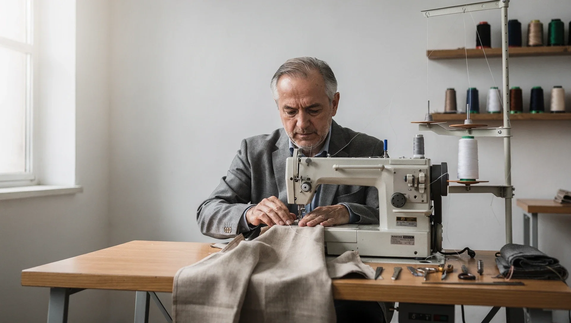 Siuvėjas dirba prie džinsų Klaipėdos dirbtuvėje